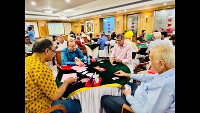 Around 200 players from more than 35 teams are participating in pair and team events of the championship at a Chandigarh hotel. (HT Photo)