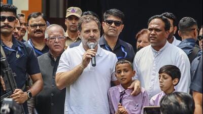 Congress leader Rahul Gandhi interacting with students during a visit to a school in Poonch on Saturday. (PTI Photo)