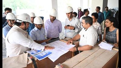 Director of Urban Local Bodies, Pankaj (single name), reviews infrastructural work in Gurugram on Saturday. (HT PHOTO) Director of Urban Local Bodies, Pankaj (single name), reviews infrastructural work in Gurugram on Saturday. (HT PHOTO)