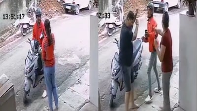 CCTV footage captures the heated brawl between the delivery agent and the customer outside the residence. (Video grab) CCTV footage captures the heated brawl between the delivery agent and the customer outside the residence. (Video grab)