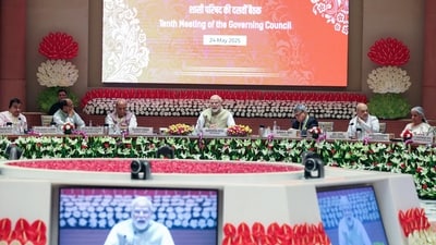 Prime Minister Narendra Modi chairs the 10th NITI Aayog Governing Council Meeting on 'Viksit Rajya for Viksit Bharat@2047', at Bharat Mandapam in New Delhi on May 24. (PMO) Prime Minister Narendra Modi chairs the 10th NITI Aayog Governing Council Meeting on 'Viksit Rajya for Viksit Bharat@2047', at Bharat Mandapam in New Delhi on May 24. (PMO)