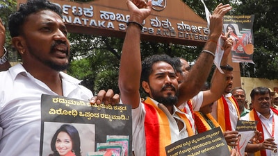 Kannada activists raise slogans during their protest against actor Tamannaah Bhatia, who has been chosen as brand ambassador for Karnataka Soaps and Detergents Ltd. (KSDL), which manufactures Mysore Sandal Soap. (PTi) Kannada activists raise slogans during their protest against actor Tamannaah Bhatia, who has been chosen as brand ambassador for Karnataka Soaps and Detergents Ltd. (KSDL), which manufactures Mysore Sandal Soap. (PTi)