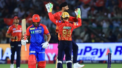 Karun Nair celebrated his recall to the Indian Test team by scoring a strong 44(27), ending the IPL on a strong note. However, he was dismissed by Harpreet Brar, who again impressed with two crucial wickets. (PTI) Karun Nair celebrated his recall to the Indian Test team by scoring a strong 44(27), ending the IPL on a strong note. However, he was dismissed by Harpreet Brar, who again impressed with two crucial wickets. (PTI)