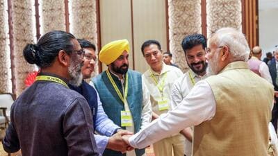 Prime Minister Narendra Modi with Punjab chief minister Bhagwant Mann, Jharkhand CM Hemant Soren, Meghalaya CM Conrad Sangma and Telangana CM Revanth Reddy during the 10th NITI Aayog Governing Council Meeting at Bharat Mandapam in New Delhi on Saturday. (ANI) Prime Minister Narendra Modi with Punjab chief minister Bhagwant Mann, Jharkhand CM Hemant Soren, Meghalaya CM Conrad Sangma and Telangana CM Revanth Reddy during the 10th NITI Aayog Governing Council Meeting at Bharat Mandapam in New Delhi on Saturday. (ANI)