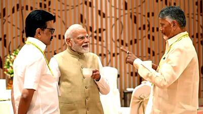Prime Minister Narendra Modi with Tamil Nadu Chief Minister MK Stalin and Andhra Pradesh Chief Minister N Chandrababu Naidu during the 10th NITI Aayog Governing Council Meeting on 'Viksit Rajya for Viksit Bharat@2047', at Bharat Mandapam in New Delhi on Saturday. (ANI)