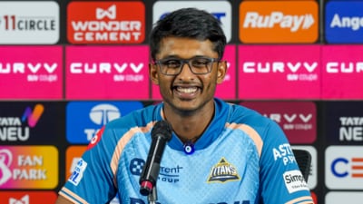 B Sai Sudharsan talks to the press after earning his maiden Test call-up (PTI)