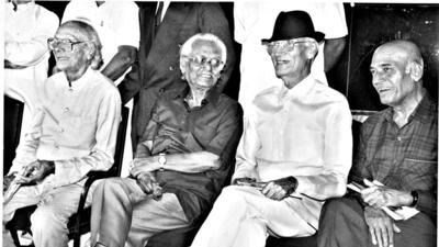 Style is the man: O P Nayyar (seated in the middle wearing his signature hat) with colleagues Naushad (extreme left) and Khayyam (extreme right). Style is the man: O P Nayyar (seated in the middle wearing his signature hat) with colleagues Naushad (extreme left) and Khayyam (extreme right).