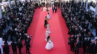 Check out this topshot of the red carpet, where Simone Ashley, Elle Fanning and Alia Bhatt arrived for the screening of the film The Mastermind. (Photo by Antonin THUILLIER / AFP) (AFP) Check out this topshot of the red carpet, where Simone Ashley, Elle Fanning and Alia Bhatt arrived for the screening of the film The Mastermind. (Photo by Antonin THUILLIER / AFP) (AFP)