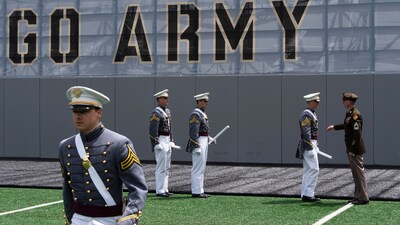 United States Military Academy graduating cadets walk away after receiving their diplomas during commencement ceremonies in West Point, N.Y., Saturday, May 24, 2025. (AP Photo/Adam Gray) (AP) United States Military Academy graduating cadets walk away after receiving their diplomas during commencement ceremonies in West Point, N.Y., Saturday, May 24, 2025. (AP Photo/Adam Gray) (AP)