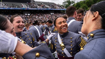 United States Military Academy graduating cadets embrace at the end of commencement ceremonies in West Point, N.Y., Saturday, May 24, 2025. (AP Photo/Adam Gray) (AP) United States Military Academy graduating cadets embrace at the end of commencement ceremonies in West Point, N.Y., Saturday, May 24, 2025. (AP Photo/Adam Gray) (AP)
