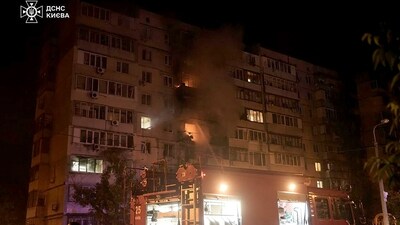 The attack caused widespread damage including drone debris falling on a shopping mall and a residential building in Obolon district, Kyiv. (AFP) The attack caused widespread damage including drone debris falling on a shopping mall and a residential building in Obolon district, Kyiv. (AFP)
