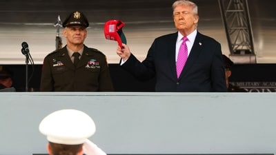 Superintendent Lieutenant General Steven W. Gilland and U.S. President Donald Trump salute graduates after addressing the 2025 class of the United States Military Academy at West Point in Michie Stadium on May 24, 2025 in West Point, (Getty Images via AFP) Superintendent Lieutenant General Steven W. Gilland and U.S. President Donald Trump salute graduates after addressing the 2025 class of the United States Military Academy at West Point in Michie Stadium on May 24, 2025 in West Point, (Getty Images via AFP)