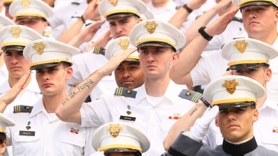 West Point undergraduates salute as U.S. President Donald Trump departs after addressing graduates of the United States Military Academy at West Point in Michie Stadium on May 24, 2025 in West Point, New York. Over one thousand cadets are expected to graduate in the same year that the U.S. Army celebrates its 250th birthday. (Getty Images via AFP) West Point undergraduates salute as U.S. President Donald Trump departs after addressing graduates of the United States Military Academy at West Point in Michie Stadium on May 24, 2025 in West Point, New York. Over one thousand cadets are expected to graduate in the same year that the U.S. Army celebrates its 250th birthday. (Getty Images via AFP)