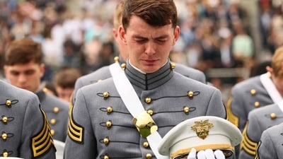 The graduating class of the United States Military Academy getr emotional during their graduation ceremony at West Point in Michie Stadium on May 24, 2025 in West Point, New York. (Getty Images via AFP) The graduating class of the United States Military Academy getr emotional during their graduation ceremony at West Point in Michie Stadium on May 24, 2025 in West Point, New York. (Getty Images via AFP)