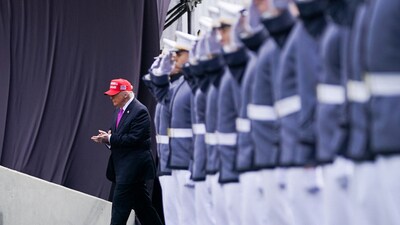 U.S. President Donald Trump cheers the cadets as the commencement ceremony at West Point Military Academy in West Point, New York, U.S., May 24, 2025. This year's graduating class included honorary member Peter Wang, a junior ROTC cadet who was killed in the 2018 mass shooting at Marjory Stoneman Douglas High School in Parkland, Florida. Michael M. Santiago/Getty Images/AFP&nbsp; (REUTERS)