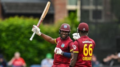 Matthew Forde celebrates his half-century against Ireland (Windies Cricket) Matthew Forde celebrates his half-century against Ireland (Windies Cricket)