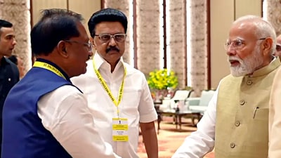 New Delhi, May 24 (ANI): Prime Minister Narendra Modi with Chhattisgarh Chief Minister Vishnu Deo Sai and Tamil Nadu Chief Minister MK Stalin during the 10th NITI Aayog Governing Council Meeting on 'Viksit Rajya for Viksit Bharat@2047', at Bharat Mandapam in New Delhi on Saturday. (ANI Photo) (ANI Picture Service )