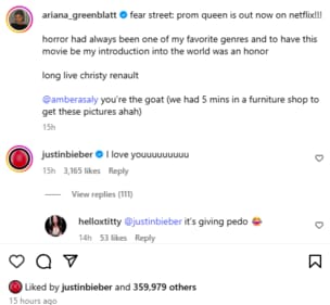 Justin Bieber's comment on Ariana Greenblatt's Instagram post sparks fury (Instagram/ Ariana Greenblatt ) Justin Bieber's comment on Ariana Greenblatt's Instagram post sparks fury (Instagram/ Ariana Greenblatt )
