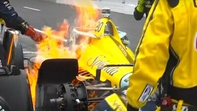Alexander Rossi's car caught fire during the Indy 500 race on Sunday. Alexander Rossi's car caught fire during the Indy 500 race on Sunday.