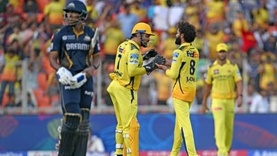 MS Dhoni and Ravindra Jadeja celebrate the wicket of Sai Sudharsan. Jadeja took the wickets of Shahrukh Khan and Sudharsan in the same over to all but seal the match for CSK. (AFP) MS Dhoni and Ravindra Jadeja celebrate the wicket of Sai Sudharsan. Jadeja took the wickets of Shahrukh Khan and Sudharsan in the same over to all but seal the match for CSK. (AFP)