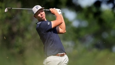 Matti Schmid of Germany plays his shot from the 17th tee during the third round of the Charles Schwab Challenge 2025 at Colonial Country Club on May 24, 2025 in Fort Worth, Texas. Photo by Sam Hodde / GETTY IMAGES NORTH AMERICA / Getty Images via AFP) (Getty Images via AFP)