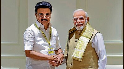 Prime Minister Narendra Modi and Tamil Nadu chief minister MK Stalin in New Delhi on Saturday. (PTI) Prime Minister Narendra Modi and Tamil Nadu chief minister MK Stalin in New Delhi on Saturday. (PTI)