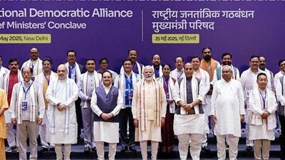 Prime Minister Narendra Modi with NDA CMs and deputy CMs. (ANI photo) Prime Minister Narendra Modi with NDA CMs and deputy CMs. (ANI photo)