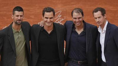 Rafa Nadal (2ndR), with, from left, Novak Djokovic, Roger Federer and Andy Murray during his farewell at Roland Garros. (AP) Rafa Nadal (2ndR), with, from left, Novak Djokovic, Roger Federer and Andy Murray during his farewell at Roland Garros. (AP)