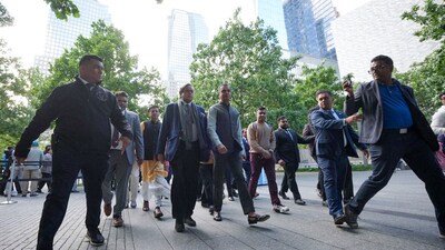 All-party delegation led by Congress MP Shashi Tharoor visits the National September 11 Memorial during Operation Sindoor global outreach, in New York on Sunday. (X/India in New York) All-party delegation led by Congress MP Shashi Tharoor visits the National September 11 Memorial during Operation Sindoor global outreach, in New York on Sunday. (X/India in New York)