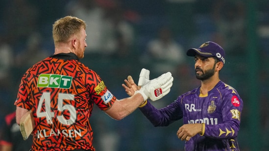 IPL 2025, SRH vs KKR Highlights, Sunrisers Hyderabad vs Kolkata Knight Riders: Sunrisers Hyderabad's Heinrich Klaasen being congratulated by Kolkata Knight Riders' captain Ajinkya Rahane after completing his century. IPL 2025, SRH vs KKR Highlights, Sunrisers Hyderabad vs Kolkata Knight Riders: Sunrisers Hyderabad's Heinrich Klaasen being congratulated by Kolkata Knight Riders' captain Ajinkya Rahane after completing his century.