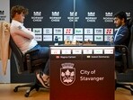 Magnus Carlsen from Norway, left, and Gukesh Dommaraju from India during the first game of Norway Chess. Magnus Carlsen from Norway, left, and Gukesh Dommaraju from India during the first game of Norway Chess.