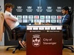 D Gukesh vs Magnus Carlsen Norway Chess 2025 Highlights: Norway's Magnus Carlsen (L) plays against India's D Gukesh.