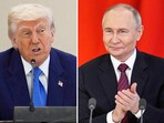 This combination photo shows President Donald Trump in a business roundtable, May 16, 2025, in Abu Dhabi, United Arab Emirates, left, and Russian President Vladimir Putin at a signing ceremony at the Kremlin in Moscow, May 10, 2025. 