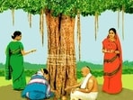Vat Savitri vrat is an auspicious day that honours love and harmony in marriage. They go around the banyan tree and perform holy ritual.(Pinterest/@stardivination)
