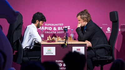 D Gukesh and Magnus Carlsen during a match in 2023. D Gukesh and Magnus Carlsen during a match in 2023.