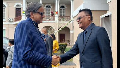 All-party delegation leader Congress MP Shashi Tharoor arrives at the Old parliament building in Georgetown on Monday. (ANI)