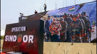 Hoardings have been put up across Ahmedabad celebrating the armed forces’ successes. (PTI) Hoardings have been put up across Ahmedabad celebrating the armed forces’ successes. (PTI)