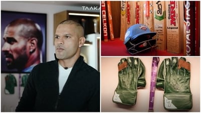 Shikhar Dhawan's home includes a wall adorned with cricket memorabilia. (YouTube/ Ranveer Allahbadia) Shikhar Dhawan's home includes a wall adorned with cricket memorabilia. (YouTube/ Ranveer Allahbadia)