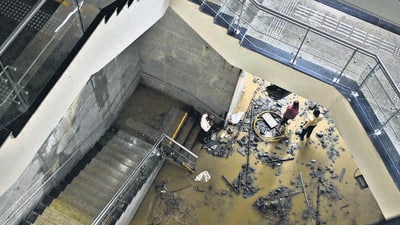 Mumbai, India - May 26, 2025: Inside view of Acharya Atre chowk Aqua line station which was closed after water flooded inside the station,, in Mumbai, India, on Monday, May 26, 2025. (Photo by Anshuman Poyrekar/ Hindustan Times) (Hindustan Times) Mumbai, India - May 26, 2025: Inside view of Acharya Atre chowk Aqua line station which was closed after water flooded inside the station,, in Mumbai, India, on Monday, May 26, 2025. (Photo by Anshuman Poyrekar/ Hindustan Times) (Hindustan Times)