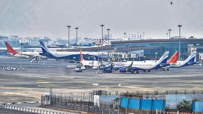 Mumbai, India - Oct. 17, 2024: MumbaiAirport closed for 6 hours, Operations temporary closure of flight operations scheduled between 11 AM and 5 PM is required for maintenance work on the airport's two cross runways, RWY 09/27 and RWY 14/32 in Mumbai, India, on Thursday, October 17, 2024. (Photo by Satish Bate/ Hindustan Times) (Hindustan Times) Mumbai, India - Oct. 17, 2024: MumbaiAirport closed for 6 hours, Operations temporary closure of flight operations scheduled between 11 AM and 5 PM is required for maintenance work on the airport's two cross runways, RWY 09/27 and RWY 14/32 in Mumbai, India, on Thursday, October 17, 2024. (Photo by Satish Bate/ Hindustan Times) (Hindustan Times)