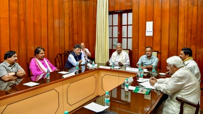 Karnataka Legislative Assembly Speaker U T Khader with Chief Minister Siddaramaiah, Deputy Chief Minister D K Shivakumar, Leader of Opposition R Ashoka, and Law and Parliamentary Affairs Minister H K Patil and others, during a meeting over the 18 suspended BJP MLAs, in Bengaluru. (PTI) Karnataka Legislative Assembly Speaker U T Khader with Chief Minister Siddaramaiah, Deputy Chief Minister D K Shivakumar, Leader of Opposition R Ashoka, and Law and Parliamentary Affairs Minister H K Patil and others, during a meeting over the 18 suspended BJP MLAs, in Bengaluru. (PTI)