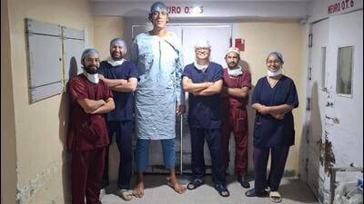 The neurosurgery department of Post-Graduate Institute of Medical Education and Research (PGIMER), Chandigarh, has treated a 35-year-old Jammu and Kashmir Police head constable, who had reached a height of 7 feet 7 inches, due to uncontrolled growth hormone secretion. (HT Photo) The neurosurgery department of Post-Graduate Institute of Medical Education and Research (PGIMER), Chandigarh, has treated a 35-year-old Jammu and Kashmir Police head constable, who had reached a height of 7 feet 7 inches, due to uncontrolled growth hormone secretion. (HT Photo)