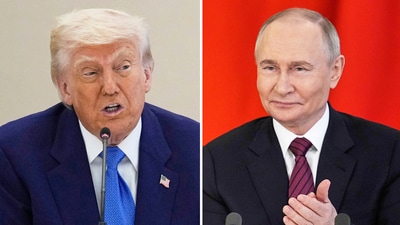 This combination photo shows President Donald Trump in a business roundtable, May 16, 2025, in Abu Dhabi, United Arab Emirates, left, and Russian President Vladimir Putin at a signing ceremony at the Kremlin in Moscow, May 10, 2025. (AP) This combination photo shows President Donald Trump in a business roundtable, May 16, 2025, in Abu Dhabi, United Arab Emirates, left, and Russian President Vladimir Putin at a signing ceremony at the Kremlin in Moscow, May 10, 2025. (AP)