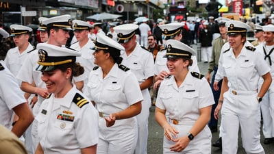 U.S. Navy sailors walk in Times Square during Fleet Week 2025 in New York City, U.S., May 23, 2025. (REUTERS/Jeenah Moon) (REUTERS)