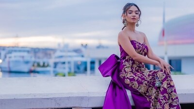 Anushka Sen in a purple number for a day out in Cannes. 