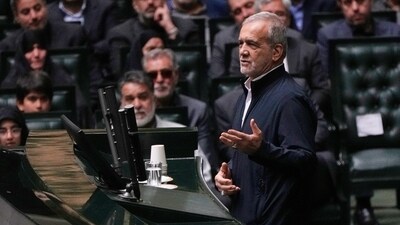 Iranian President Masoud Pezeshkian speaks during a memorial at the parliament in Tehran, Iran, Wednesday, May 21, 2025. (AP) Iranian President Masoud Pezeshkian speaks during a memorial at the parliament in Tehran, Iran, Wednesday, May 21, 2025. (AP)