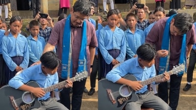 A video showed Meghalaya CM Conrad Sangma guiding a student on guitar. (Instagram/conrad_k_sangma) A video showed Meghalaya CM Conrad Sangma guiding a student on guitar. (Instagram/conrad_k_sangma)