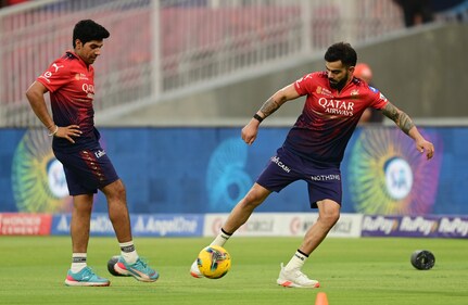 Virat Kohli playing football during a practise session in Lucknow (Photo: Deepak Gupta/HT)