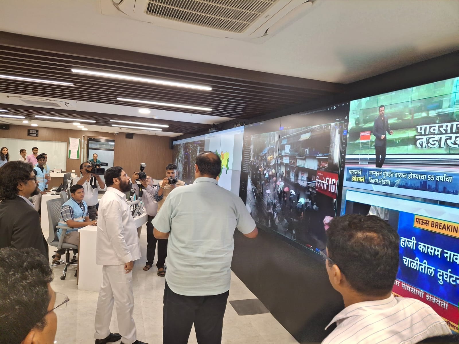 Maharashtra deputy chief minister Eknath Shinde at the disaster control room on Monday afternoon. (Source: Maharashtra govt)
