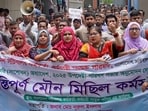 Civil officials protest inside the Secretariat building in Dhaka on May 25, 2025, demanding the repeal of a government order giving it greater power to sack employees for disciplinary breaches. Splits between Bangladesh's national tax authority and the interim government over new rules escalated May 25, extending a two week long strike that has reportedly resulted in millions of dollars of taxes go uncollected. (Photo by AFP) Civil officials protest inside the Secretariat building in Dhaka on May 25, 2025, demanding the repeal of a government order giving it greater power to sack employees for disciplinary breaches. Splits between Bangladesh's national tax authority and the interim government over new rules escalated May 25, extending a two week long strike that has reportedly resulted in millions of dollars of taxes go uncollected. (Photo by AFP)